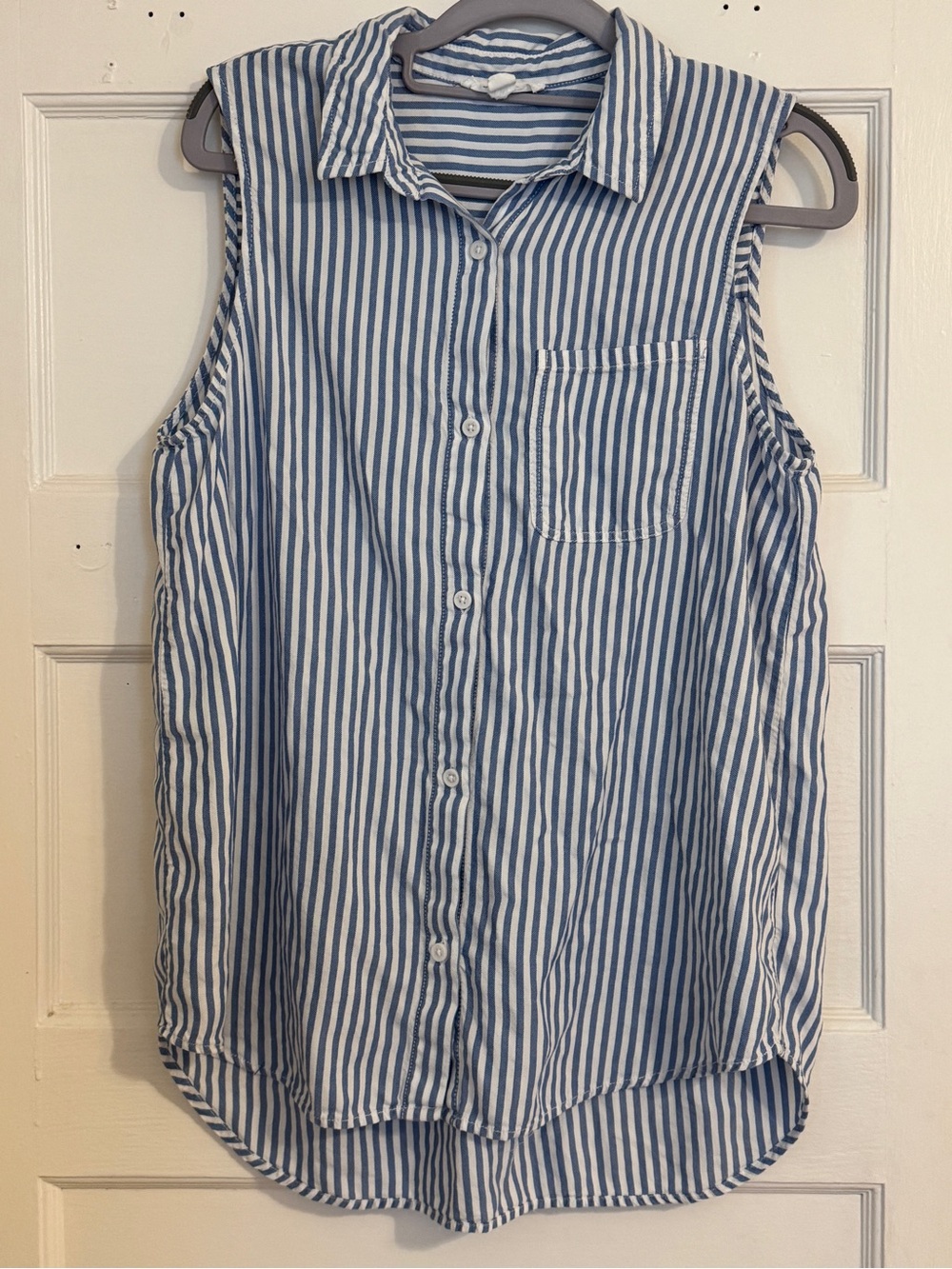 beachlunchlounge Blue and White Striped Sleeveless Button-Down Shirt